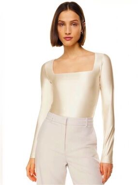 Babaton Satin Long-Sleeve Square Neck Bodysuit in Ivory
